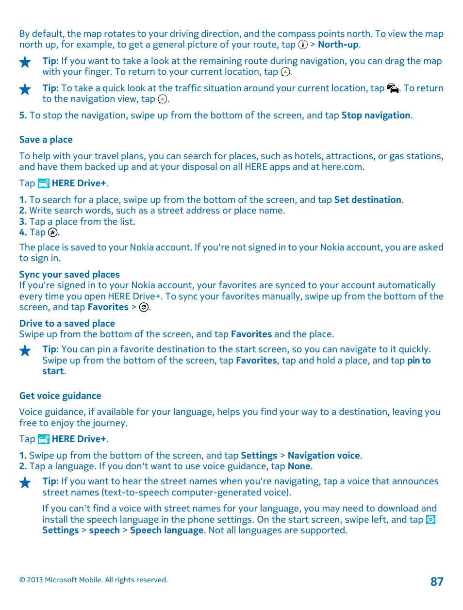 Save a place, Get voice guidance | Nokia Lumia 925 User Manual | Page 87 / 138