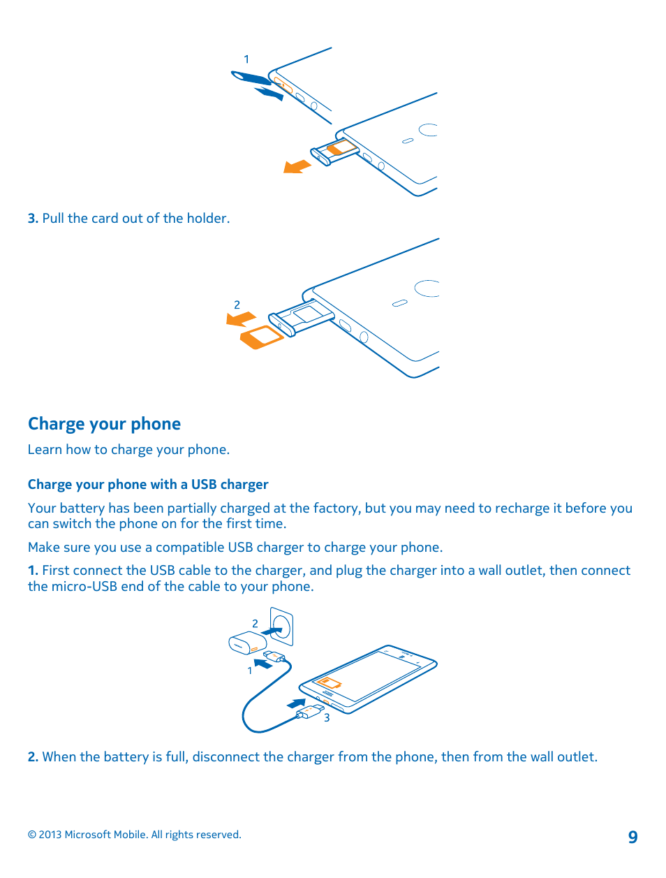 Charge your phone, Charge your phone with a usb charger | Nokia Lumia 925 User Manual | Page 9 / 138