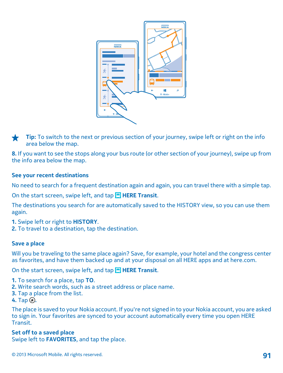 See your recent destinations, Save a place | Nokia Lumia 925 User Manual | Page 91 / 138