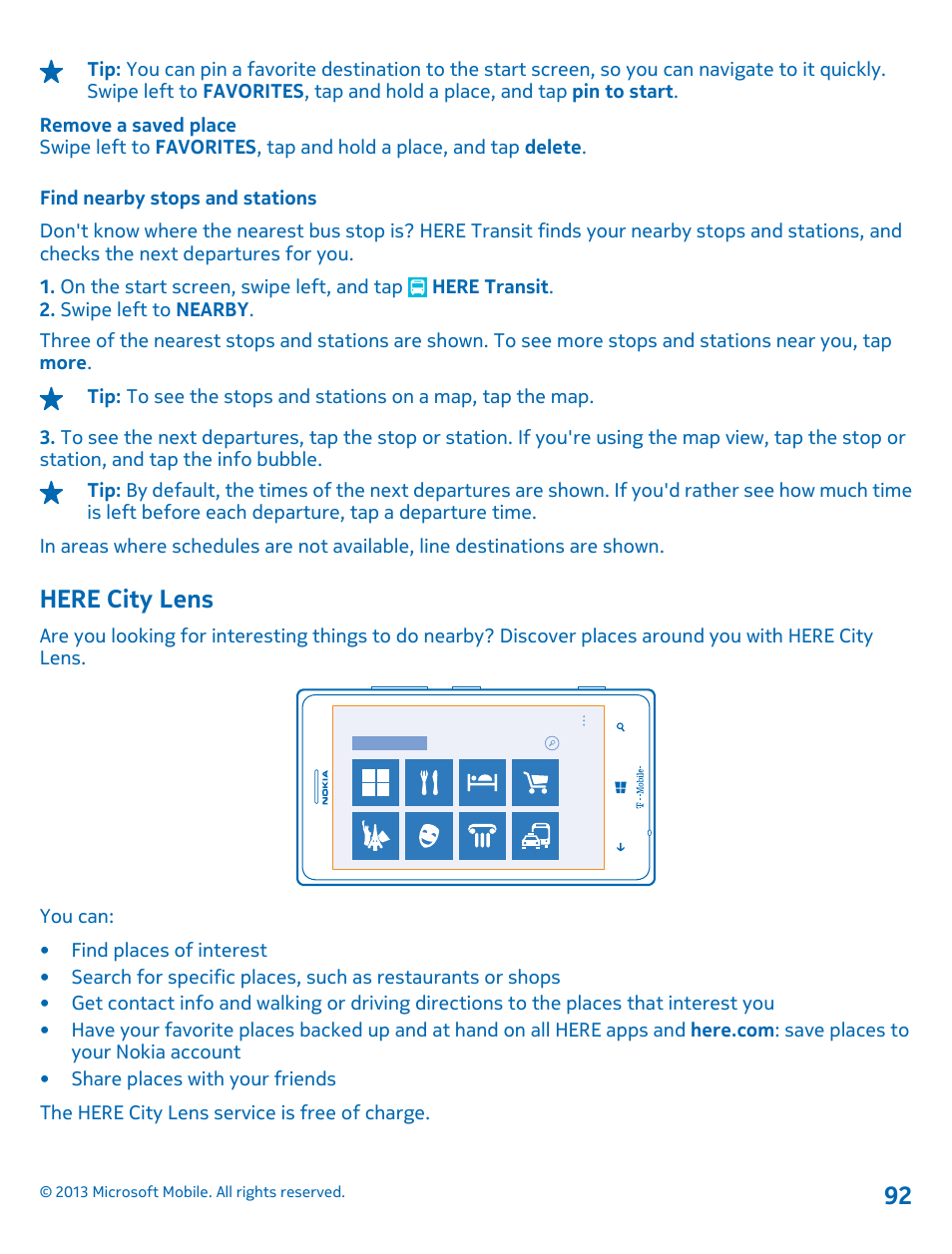 Find nearby stops and stations, Here city lens | Nokia Lumia 925 User Manual | Page 92 / 138