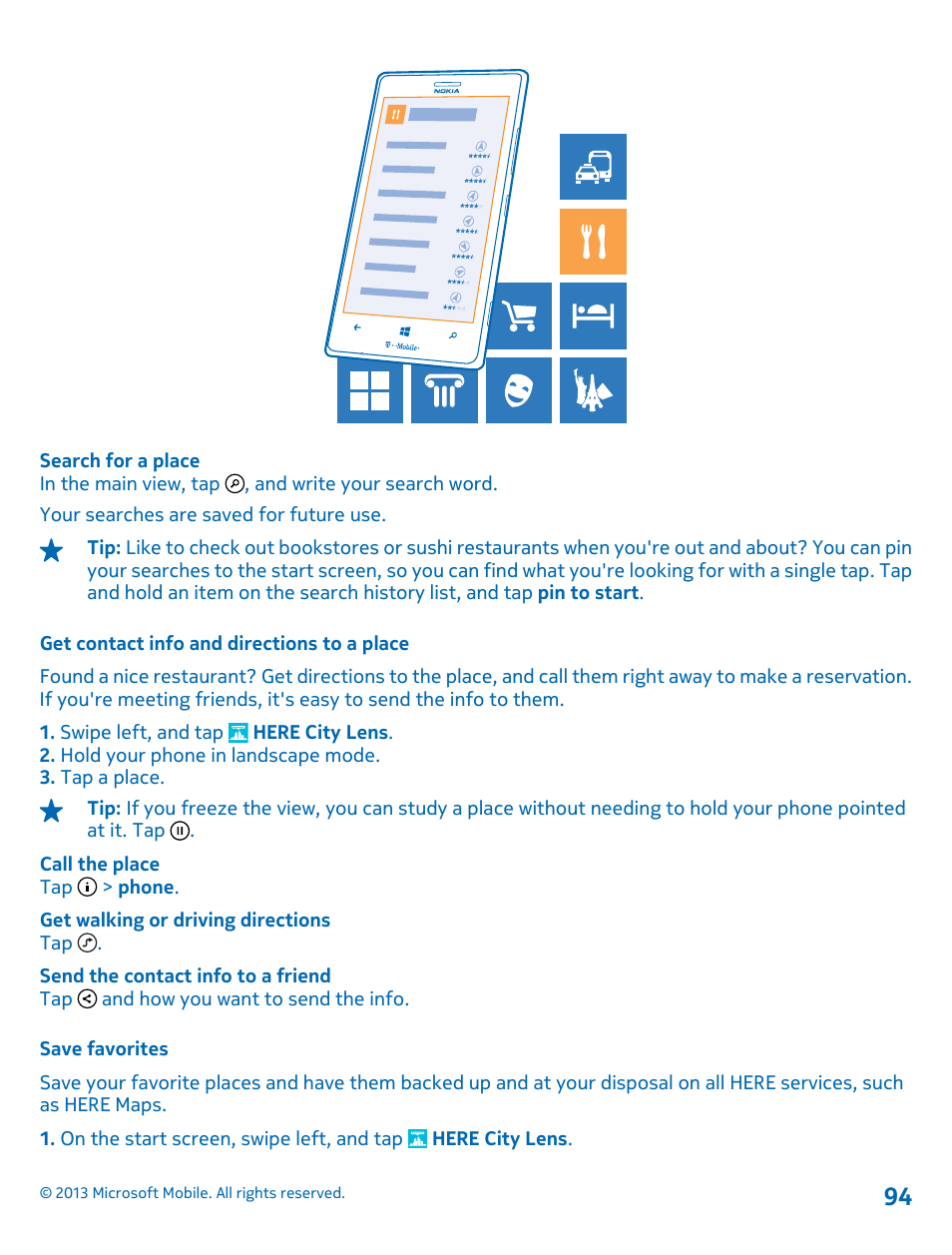 Get contact info and directions to a place, Save favorites | Nokia Lumia 925 User Manual | Page 94 / 138