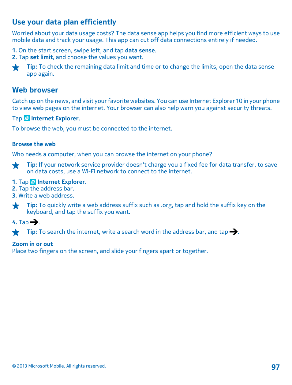 Use your data plan efficiently, Web browser, Browse the web | Nokia Lumia 925 User Manual | Page 97 / 138