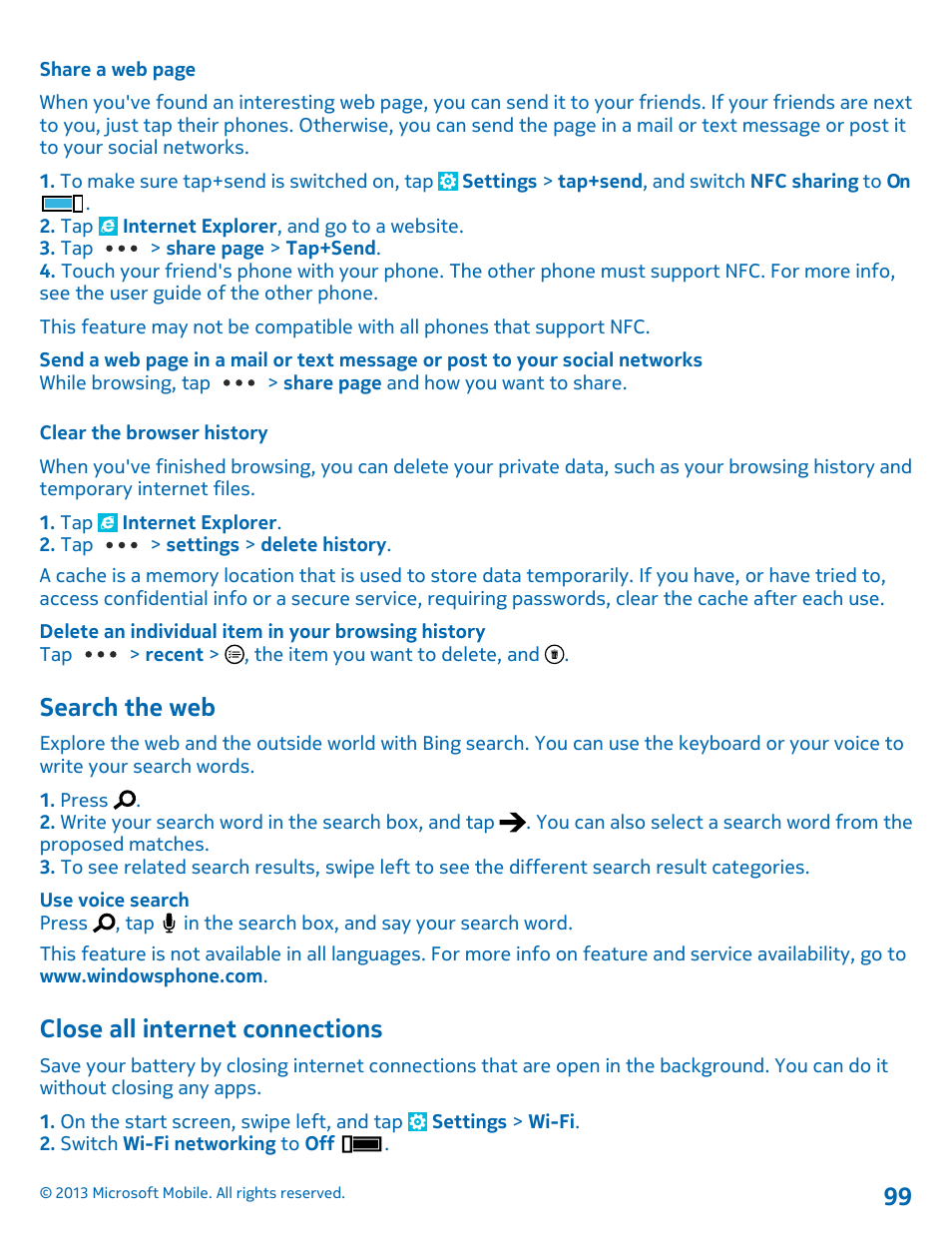 Clear the browser history, Search the web, Close all internet connections | Nokia Lumia 925 User Manual | Page 99 / 138