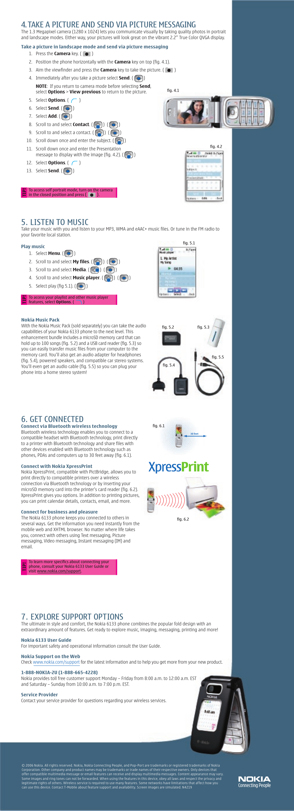 Get connected, Take a picture and send via picture messaging, Listen to music | Explore support options | Nokia 6133 User Manual | Page 2 / 2