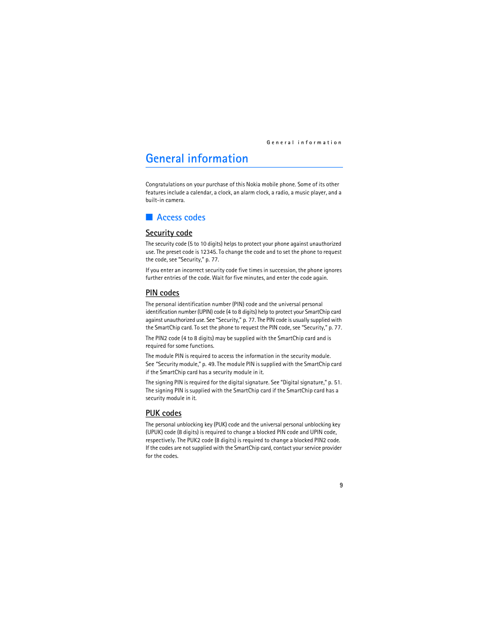 General information, Access codes | Nokia 6085 User Manual | Page 10 / 101