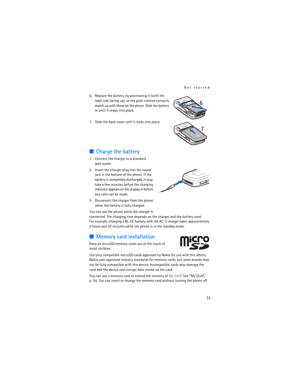 Charge the battery, Memory card installation, Charge the battery memory card installation | Nokia 6085 User Manual | Page 14 / 101