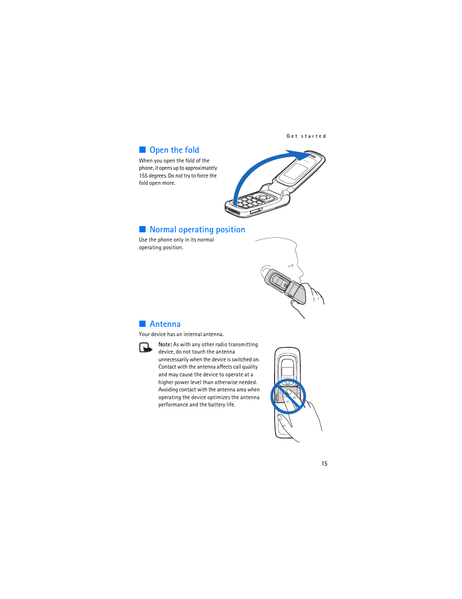 Open the fold, Normal operating position, Antenna | Open the fold normal operating position antenna | Nokia 6085 User Manual | Page 16 / 101