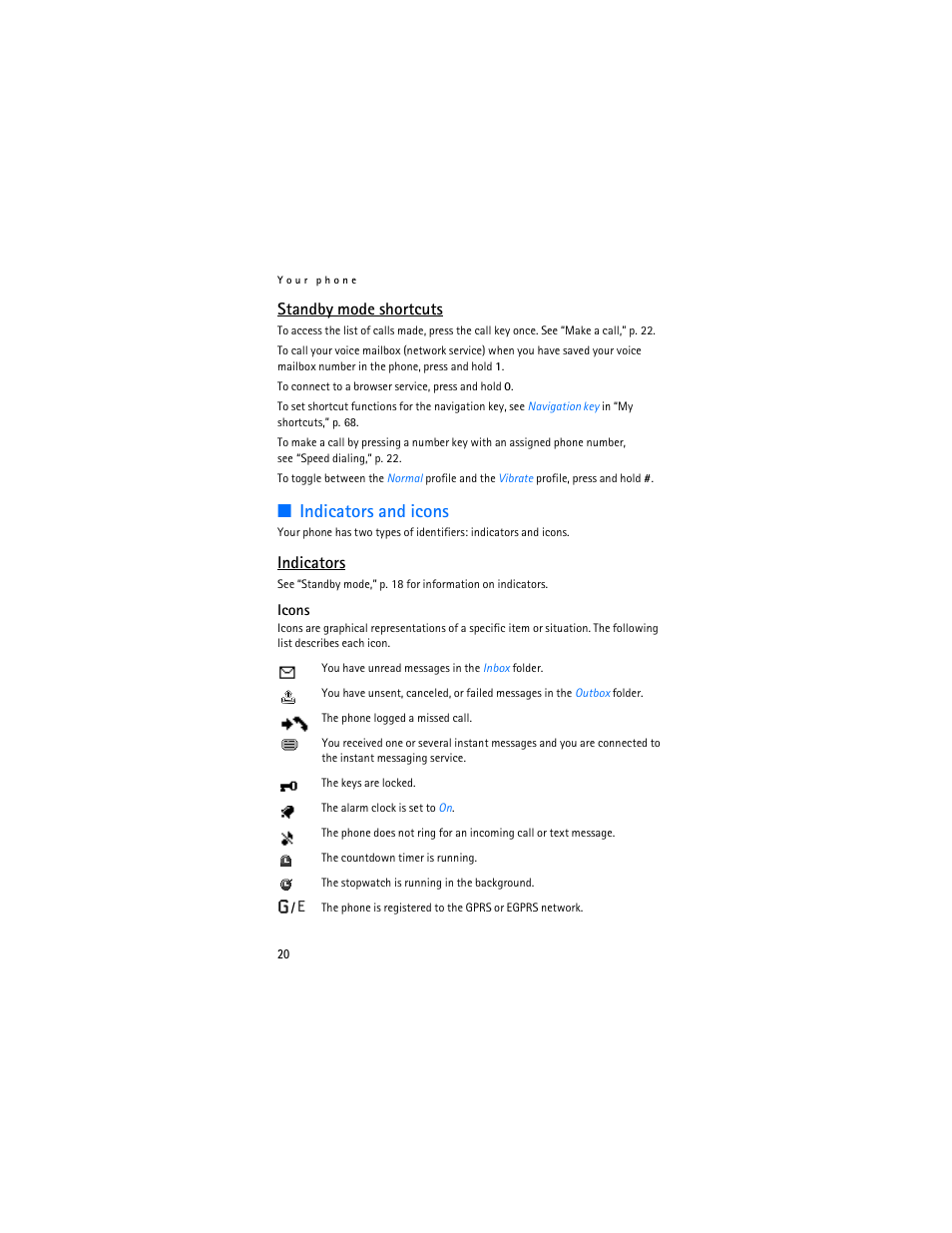 Indicators and icons, Standby mode shortcuts, Indicators | Nokia 6085 User Manual | Page 21 / 101