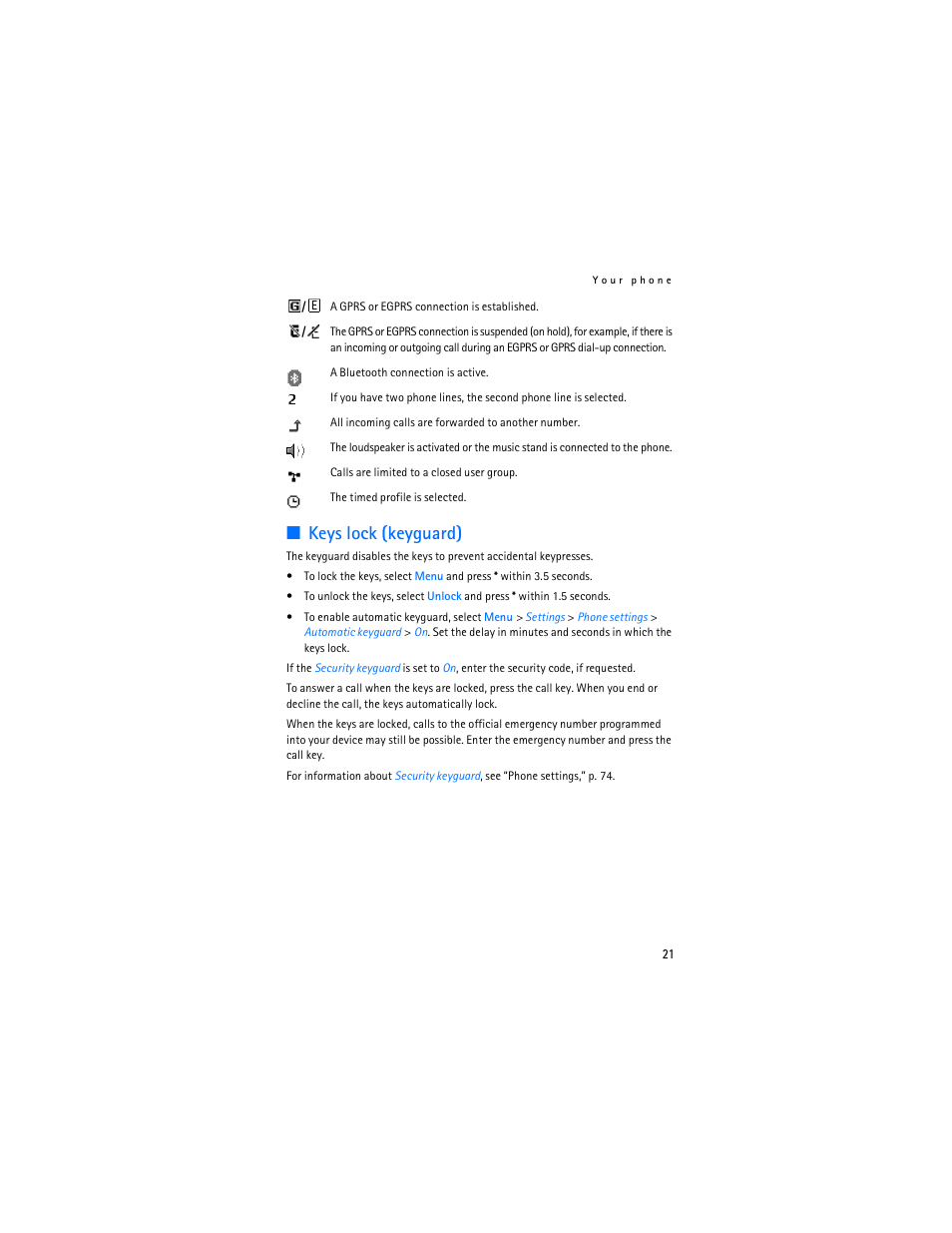 Keys lock (keyguard) | Nokia 6085 User Manual | Page 22 / 101