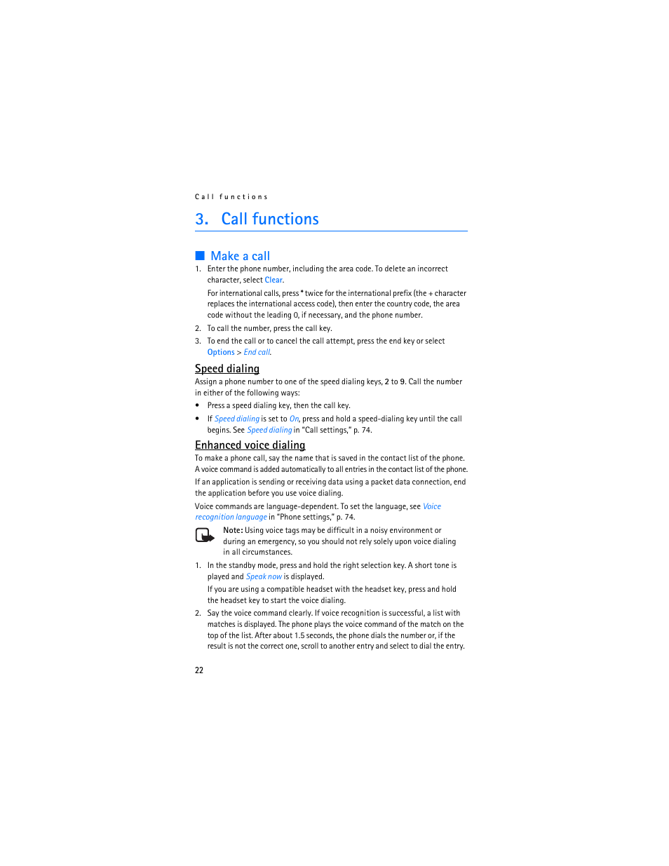 Call functions, Make a call, Make a call,” p. 22 | Speed dialing, Enhanced voice dialing | Nokia 6085 User Manual | Page 23 / 101