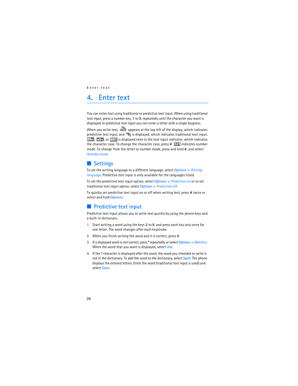 Enter text, Settings, Predictive text input | Settings predictive text input | Nokia 6085 User Manual | Page 25 / 101