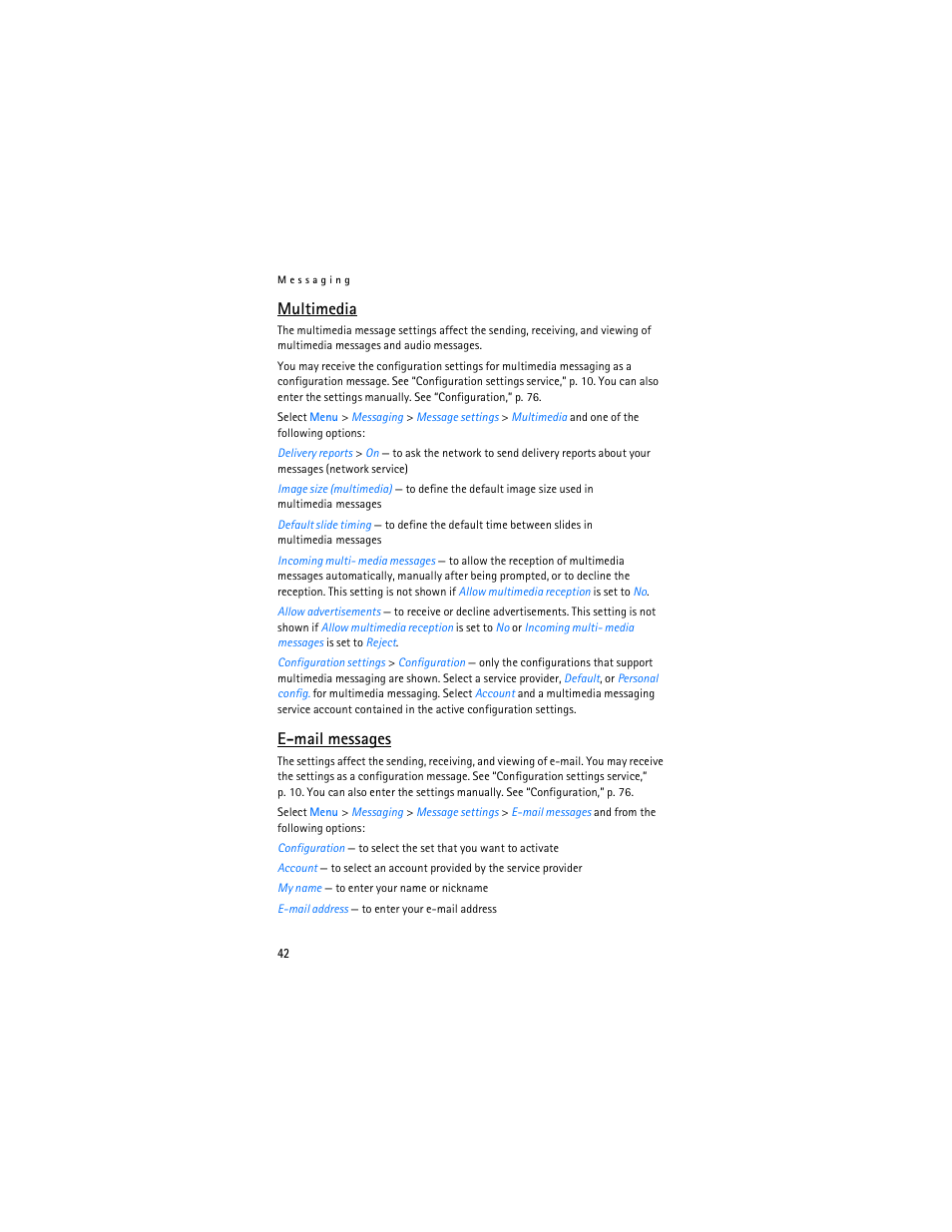 Multimedia,” p. 42, Multimedia, E-mail messages | Nokia 6085 User Manual | Page 43 / 101