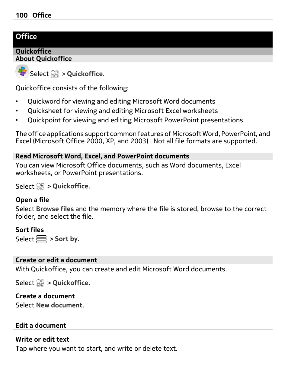 Office, Quickoffice, About quickoffice | Create or edit a document | Nokia E7-00 User Manual | Page 100 / 133