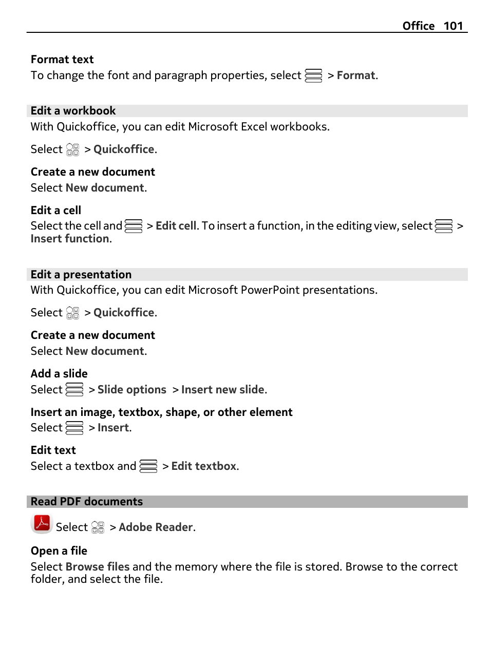 Edit a workbook, Edit a presentation, Read pdf documents | Nokia E7-00 User Manual | Page 101 / 133