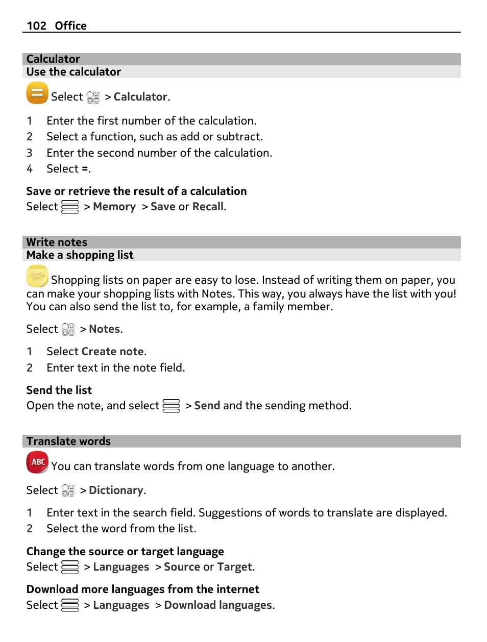 Calculator, Use the calculator, Write notes | Make a shopping list, Translate words | Nokia E7-00 User Manual | Page 102 / 133