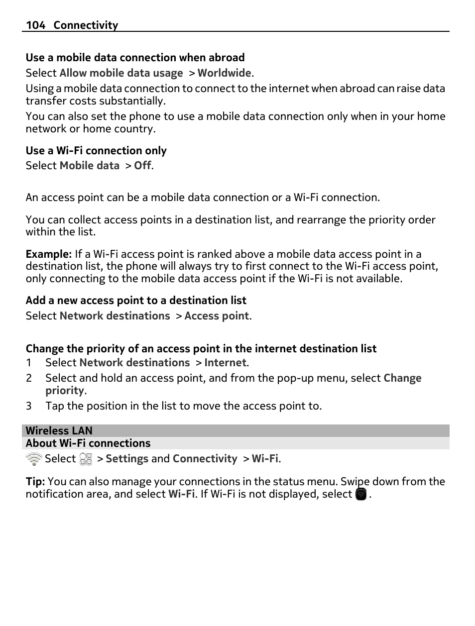 Wireless lan, About wi-fi connections | Nokia E7-00 User Manual | Page 104 / 133
