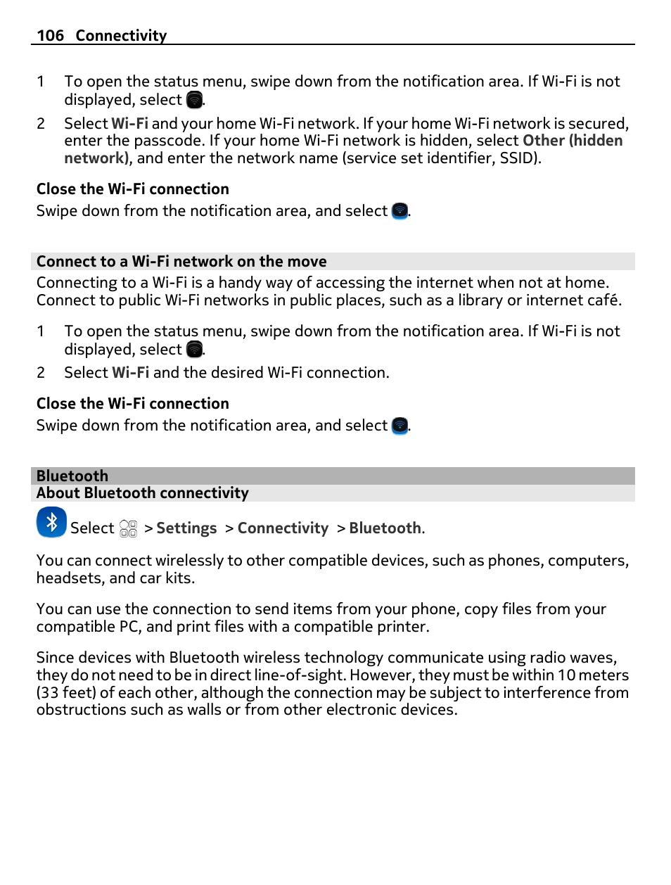 Connect to a wi-fi network on the move, Bluetooth, About bluetooth connectivity | Nokia E7-00 User Manual | Page 106 / 133