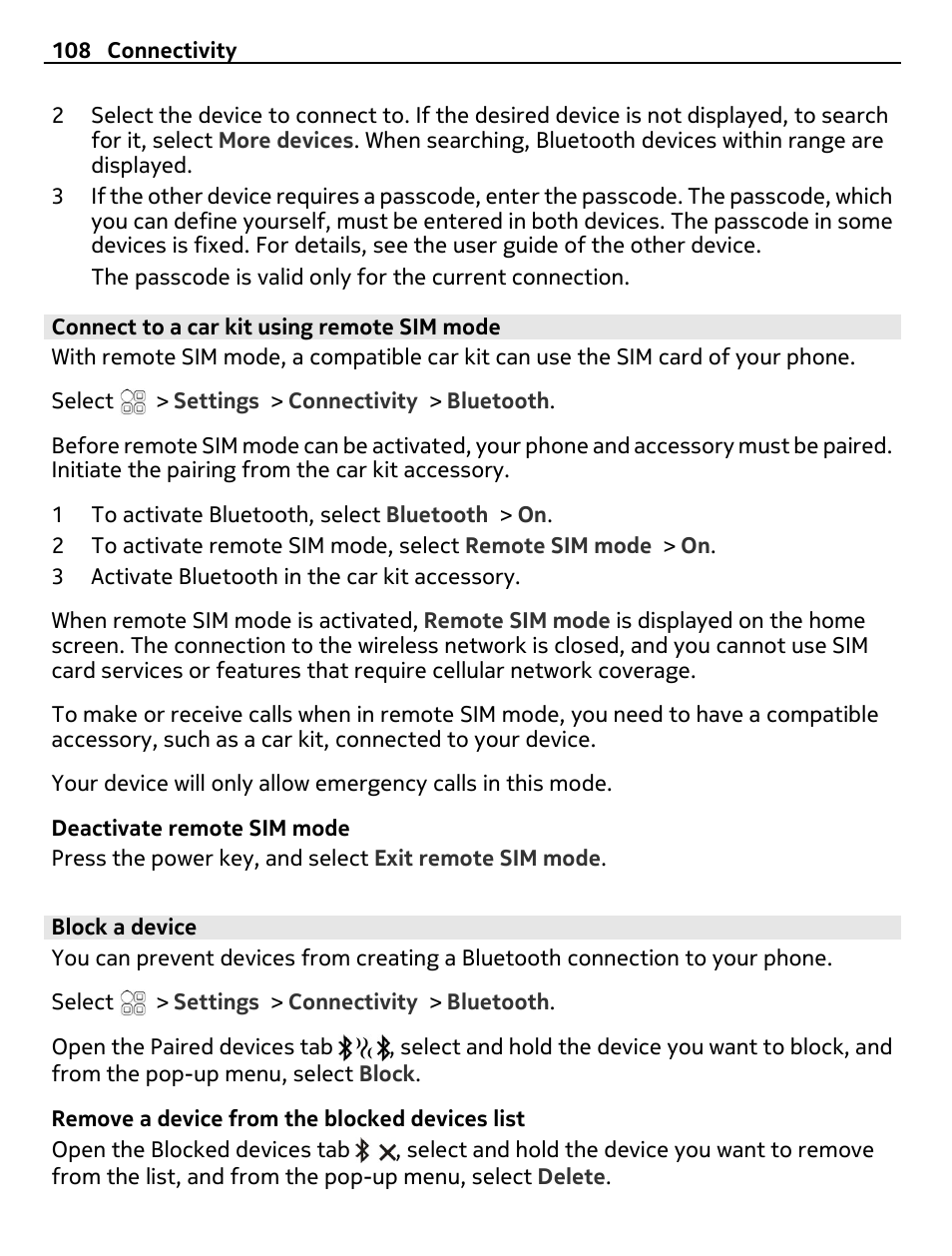 Connect to a car kit using remote sim mode, Block a device | Nokia E7-00 User Manual | Page 108 / 133