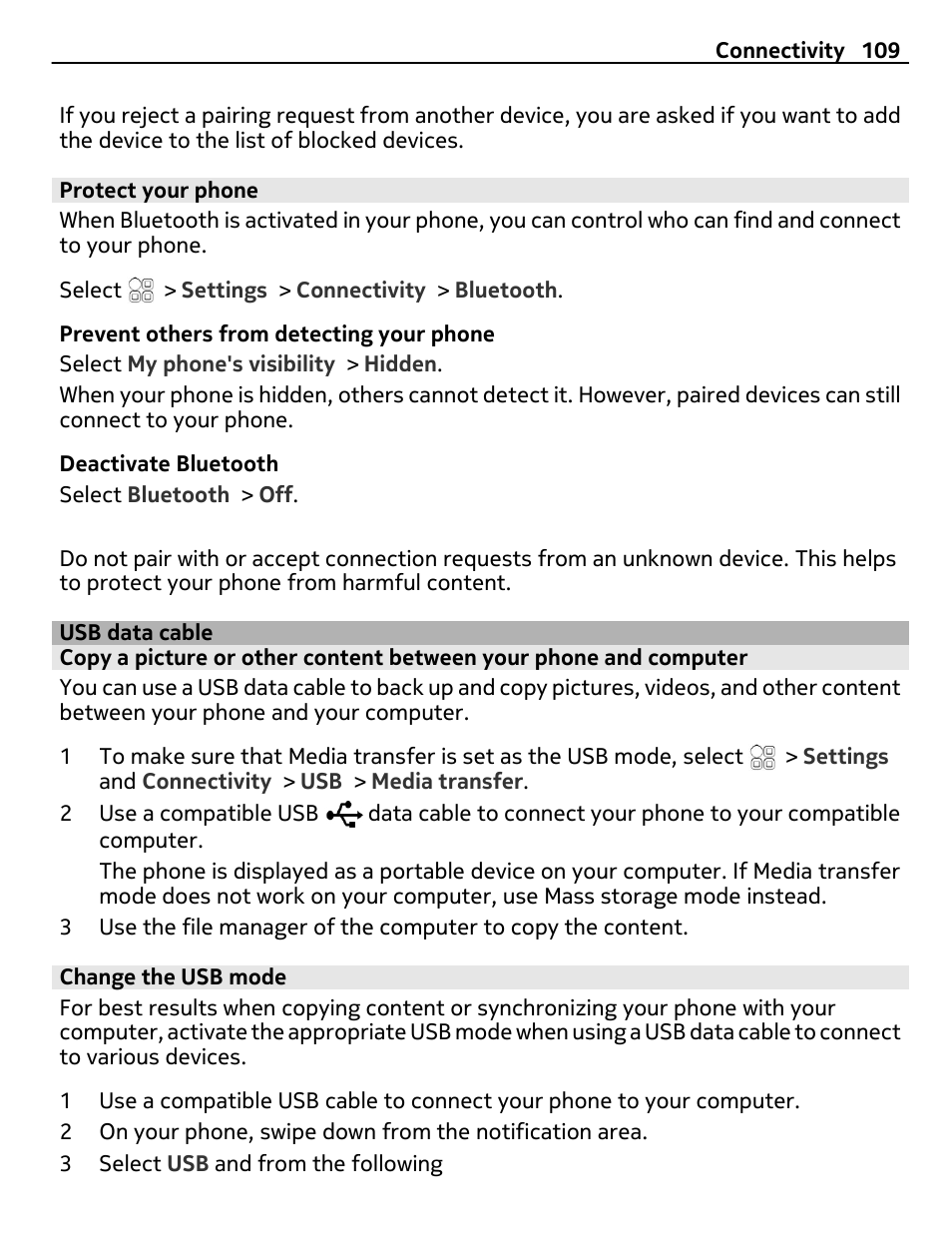 Protect your phone, Usb data cable, Change the usb mode | Nokia E7-00 User Manual | Page 109 / 133