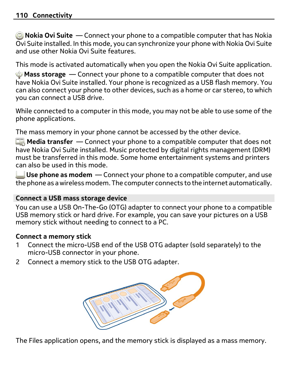 Connect a usb mass storage device | Nokia E7-00 User Manual | Page 110 / 133