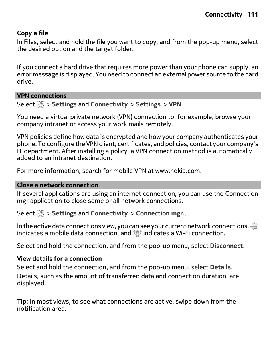 Vpn connections, Close a network connection | Nokia E7-00 User Manual | Page 111 / 133