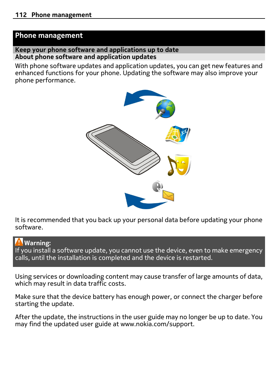 Phone management, About phone software and application updates, Keep your phone software and | Applications up to date | Nokia E7-00 User Manual | Page 112 / 133