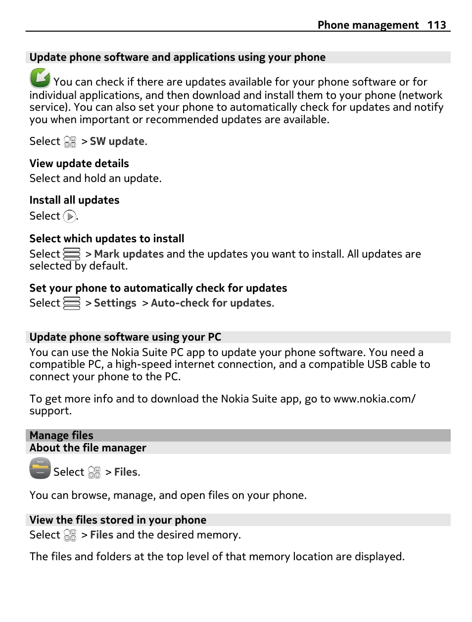 Update phone software using your pc, Manage files, About the file manager | View the files stored in your phone | Nokia E7-00 User Manual | Page 113 / 133