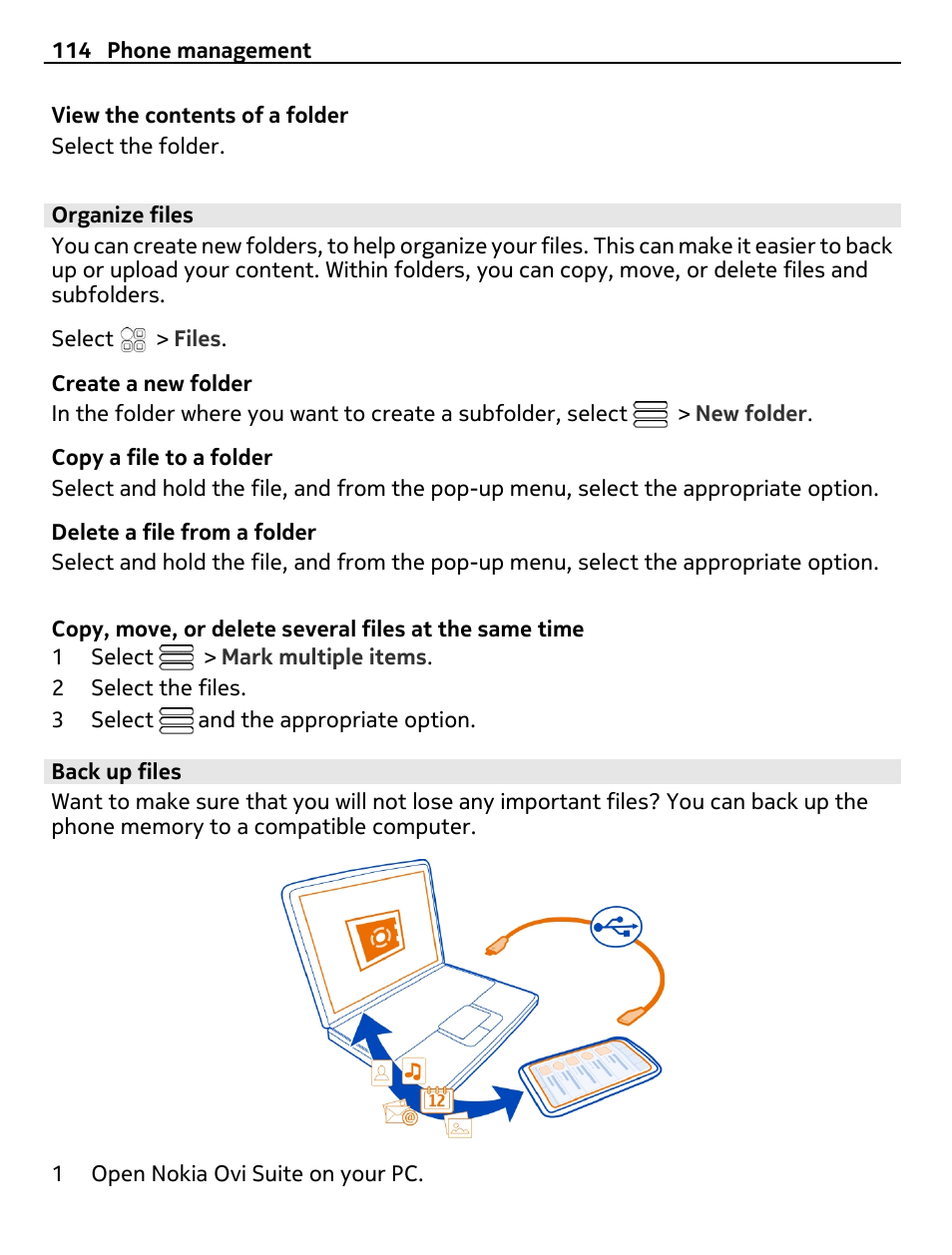 Organize files, Back up files | Nokia E7-00 User Manual | Page 114 / 133