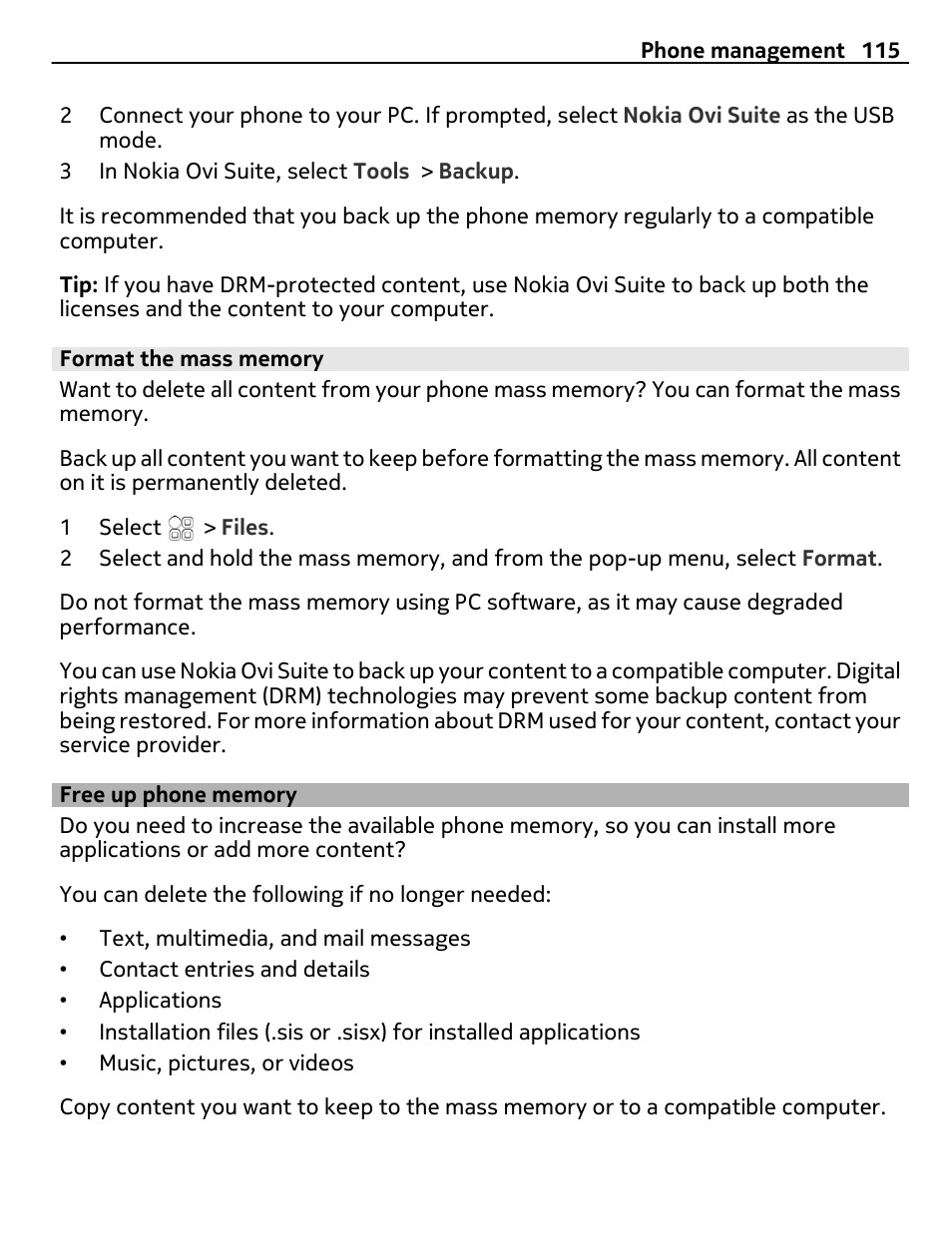 Format the mass memory, Free up phone memory | Nokia E7-00 User Manual | Page 115 / 133