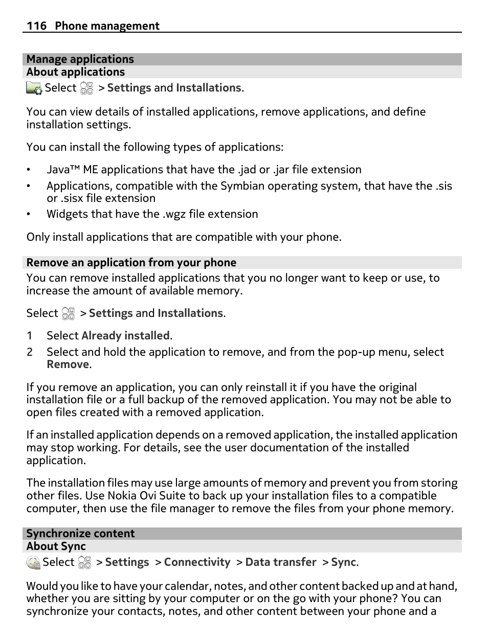 Manage applications, About applications, Remove an application from your phone | Synchronize content, About sync | Nokia E7-00 User Manual | Page 116 / 133