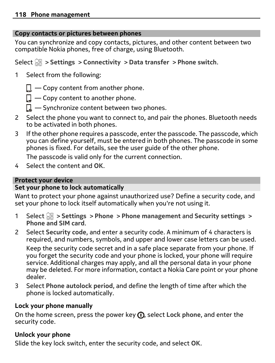 Copy contacts or pictures between phones, Protect your device, Set your phone to lock automatically | Copy contacts or pictures between, Phones | Nokia E7-00 User Manual | Page 118 / 133