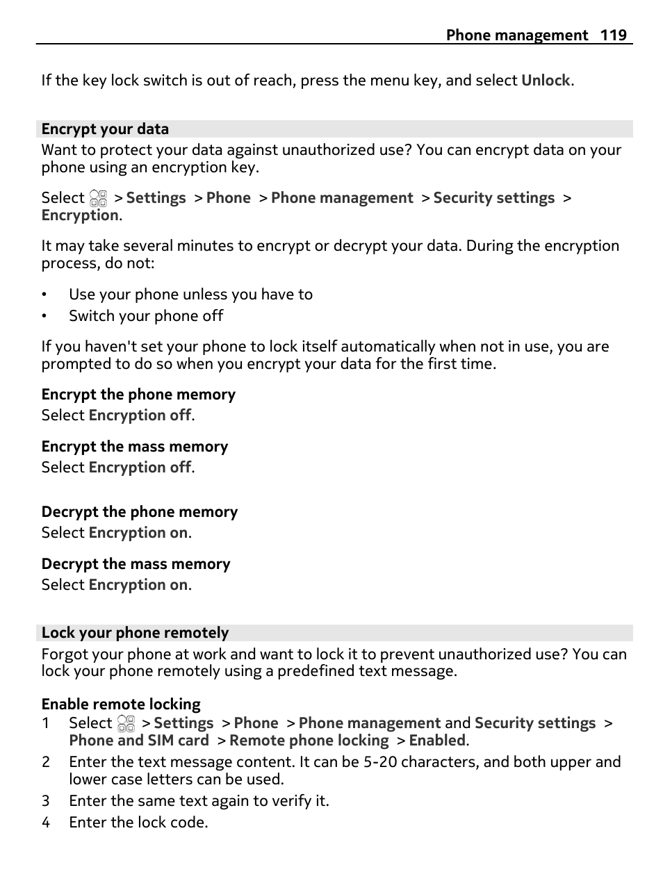 Encrypt your data, Lock your phone remotely | Nokia E7-00 User Manual | Page 119 / 133