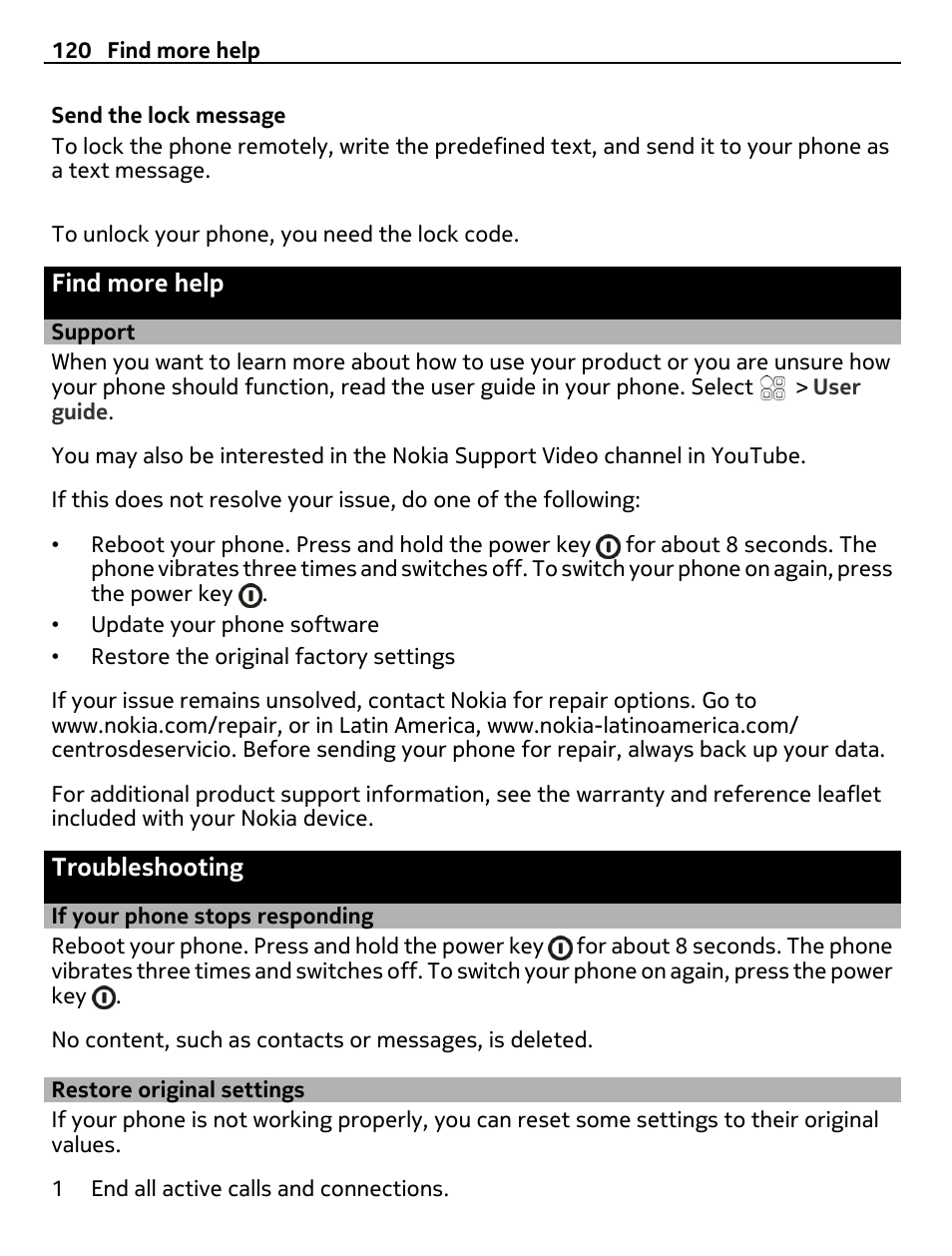 Find more help, Support, Troubleshooting | If your phone stops responding, Restore original settings | Nokia E7-00 User Manual | Page 120 / 133