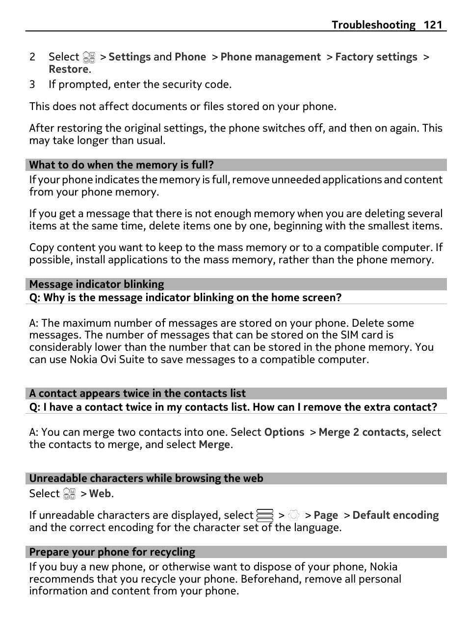 What to do when the memory is full, Message indicator blinking, A contact appears twice in the contacts list | Unreadable characters while browsing the web, Prepare your phone for recycling, What to do when the memory is full?121, A contact appears twice in the, Contacts list, Unreadable characters while, Browsing the web | Nokia E7-00 User Manual | Page 121 / 133