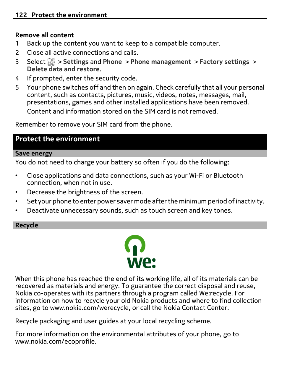Protect the environment, Save energy, Recycle | Nokia E7-00 User Manual | Page 122 / 133