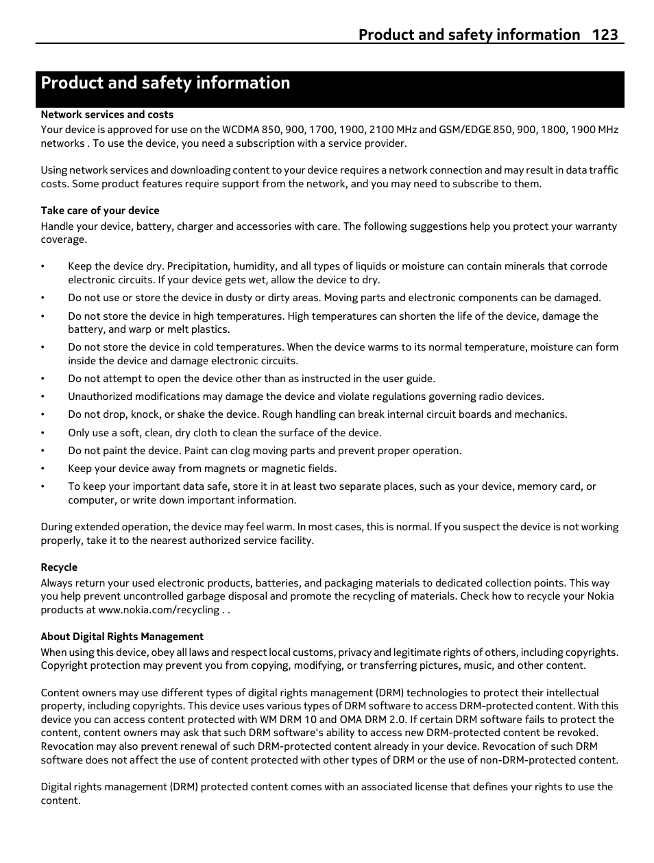 Product and safety information, Network services and costs, Take care of your device | Recycle, About digital rights management, Product and safety information 123 | Nokia E7-00 User Manual | Page 123 / 133