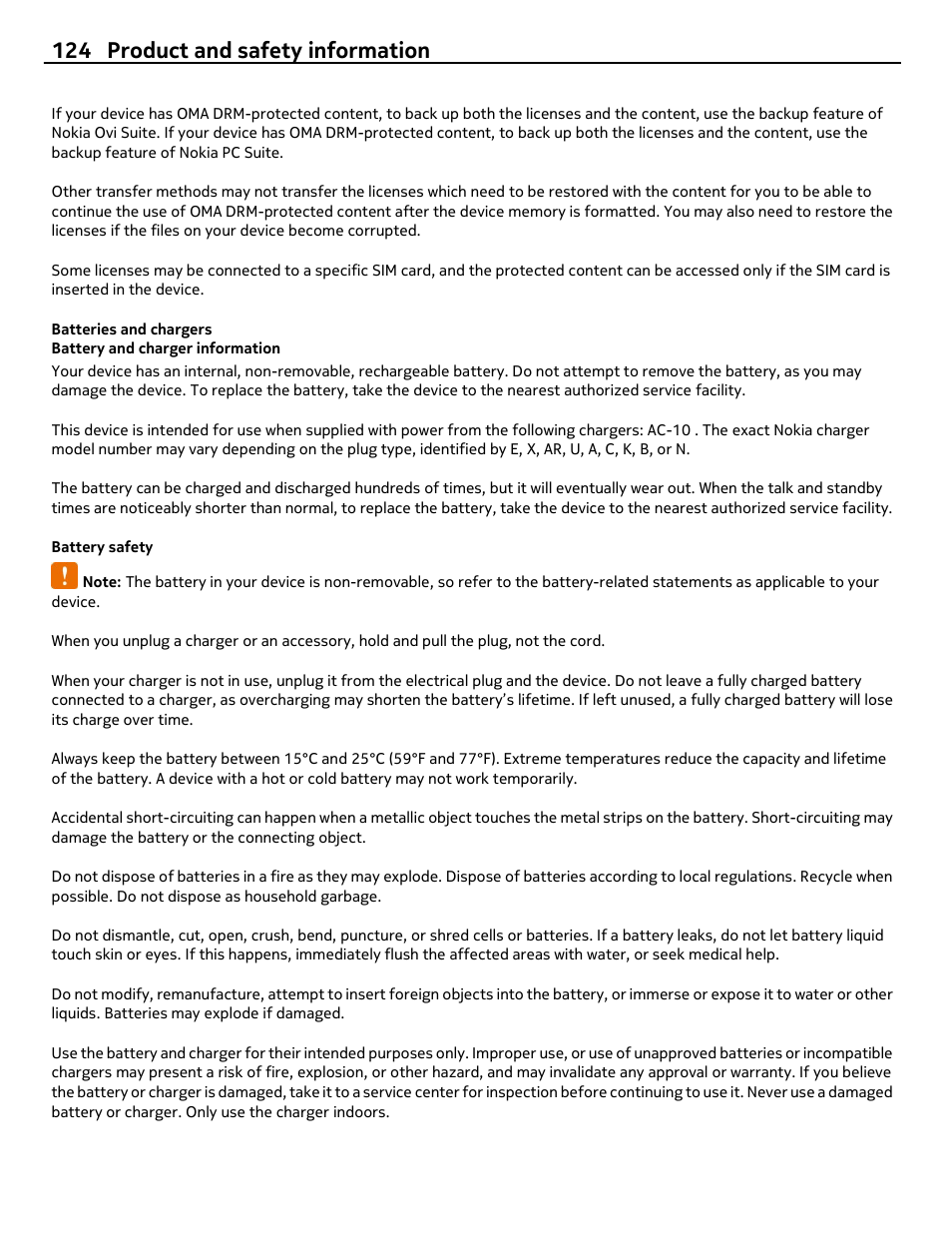 Batteries and chargers, Battery and charger information, Battery safety | 124 product and safety information | Nokia E7-00 User Manual | Page 124 / 133