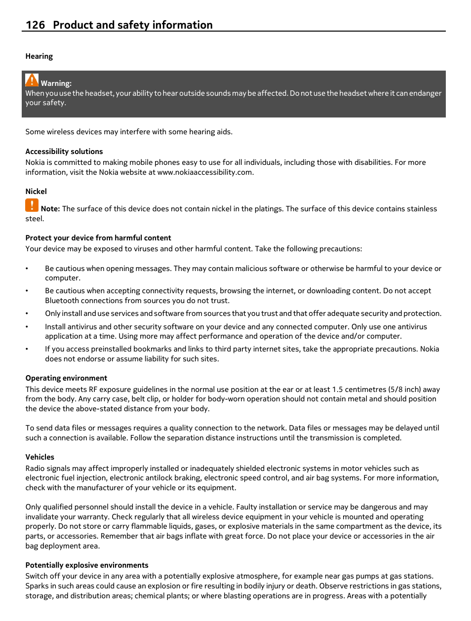 Hearing, Accessibility solutions, Nickel | Protect your device from harmful content, Operating environment, Vehicles, Potentially explosive environments, 126 product and safety information | Nokia E7-00 User Manual | Page 126 / 133