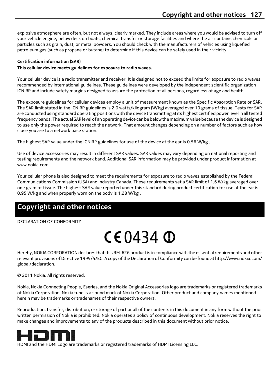 Certification information (sar), Copyright and other notices, Copyright and other notices 127 | Nokia E7-00 User Manual | Page 127 / 133