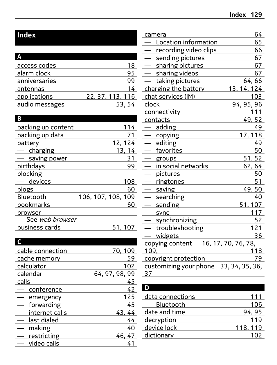 Index | Nokia E7-00 User Manual | Page 129 / 133