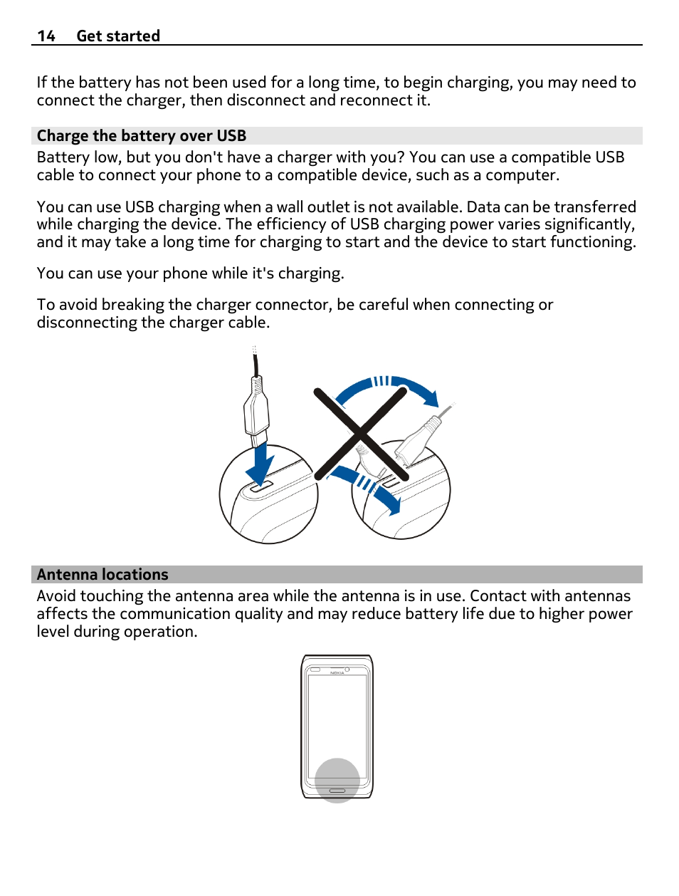 Charge the battery over usb, Antenna locations | Nokia E7-00 User Manual | Page 14 / 133