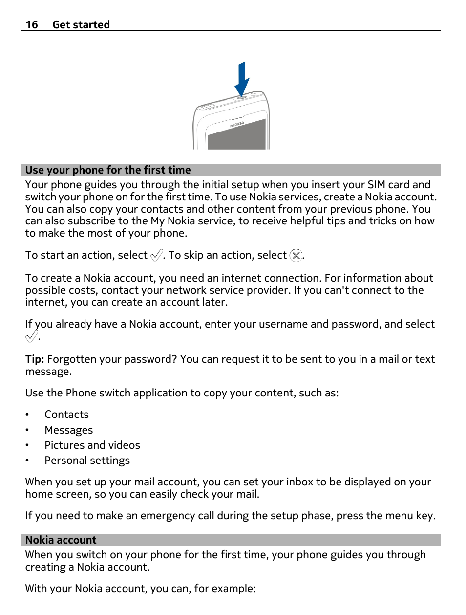 Use your phone for the first time, Nokia account | Nokia E7-00 User Manual | Page 16 / 133