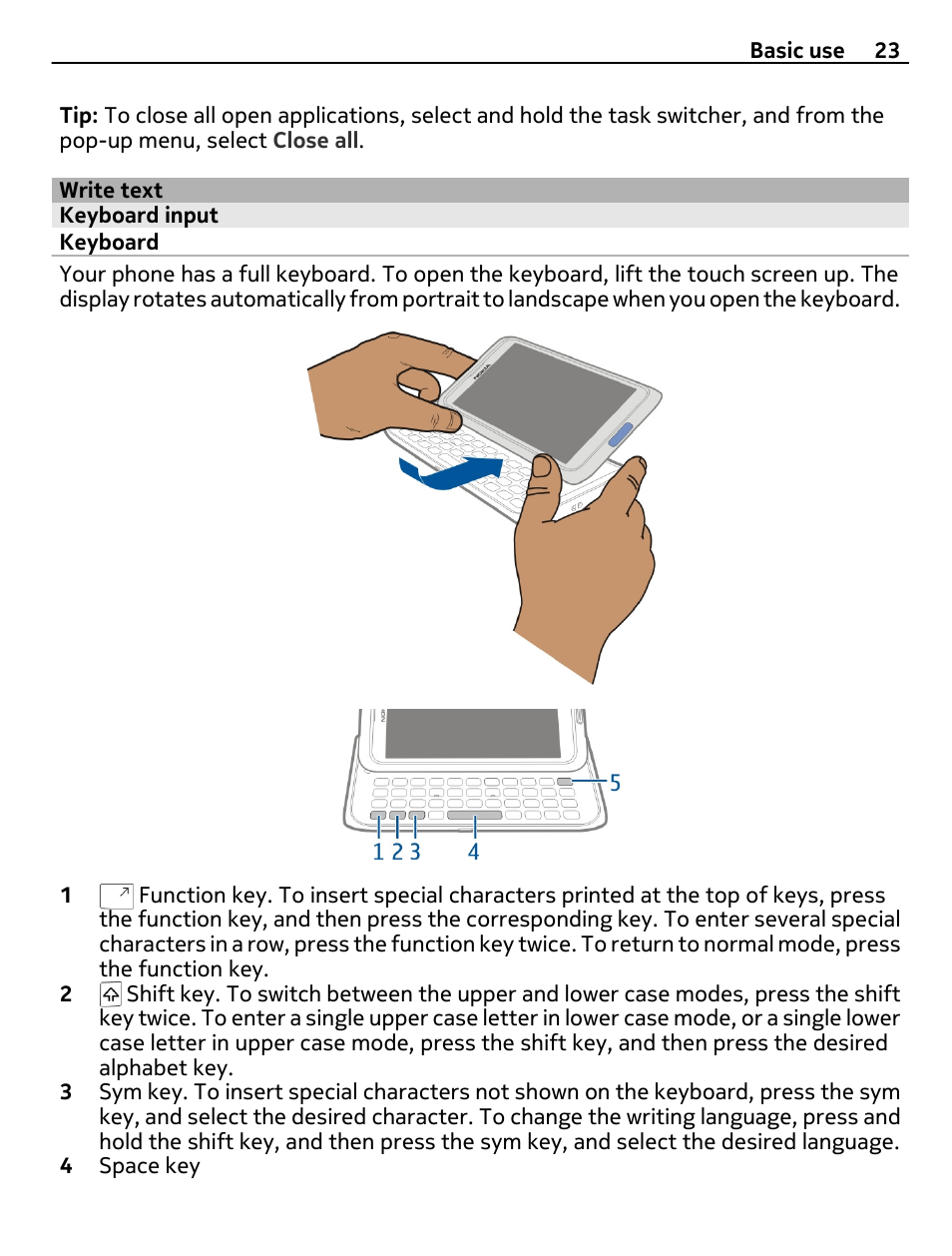 Write text, Keyboard input, Keyboard | Nokia E7-00 User Manual | Page 23 / 133