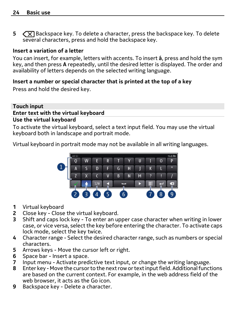 Touch input, Enter text with the virtual keyboard, Use the virtual keyboard | Nokia E7-00 User Manual | Page 24 / 133