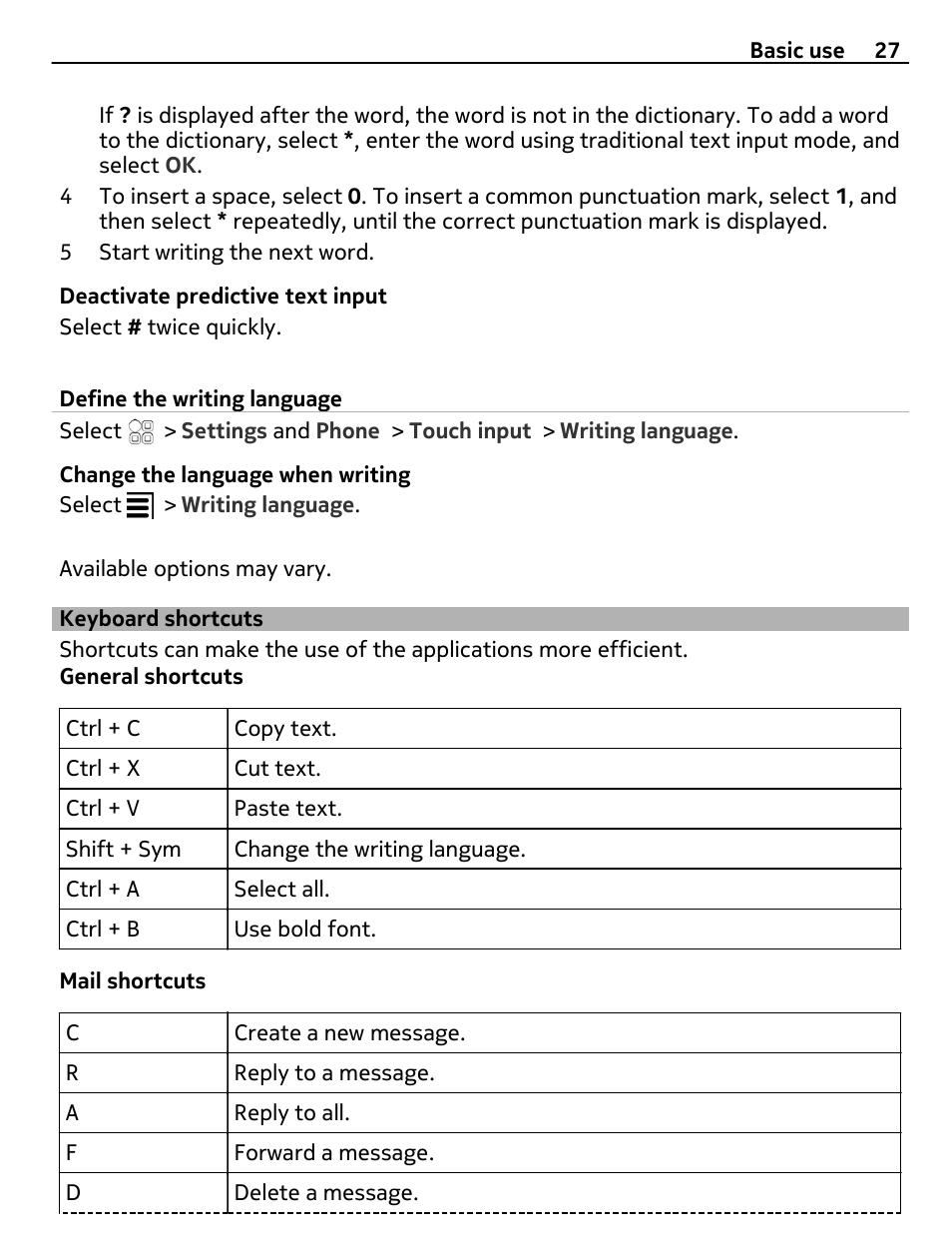 Define the writing language, Keyboard shortcuts | Nokia E7-00 User Manual | Page 27 / 133