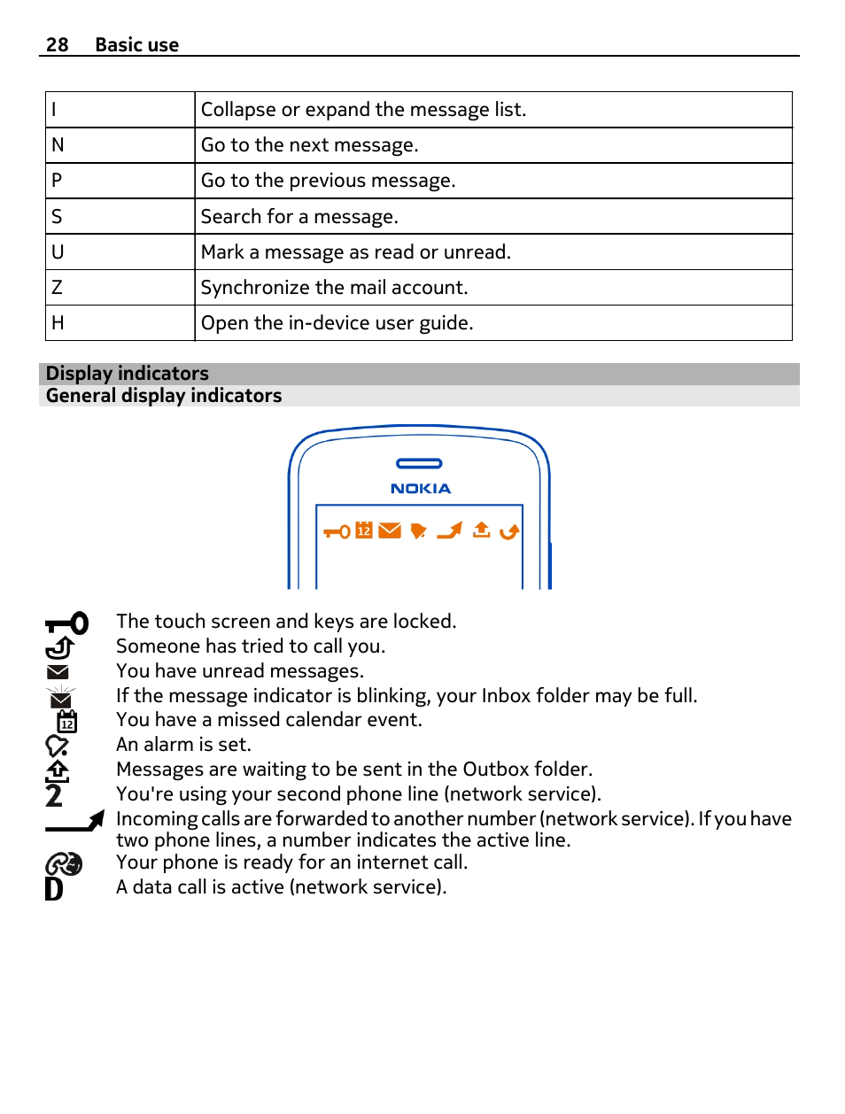 Display indicators, General display indicators | Nokia E7-00 User Manual | Page 28 / 133