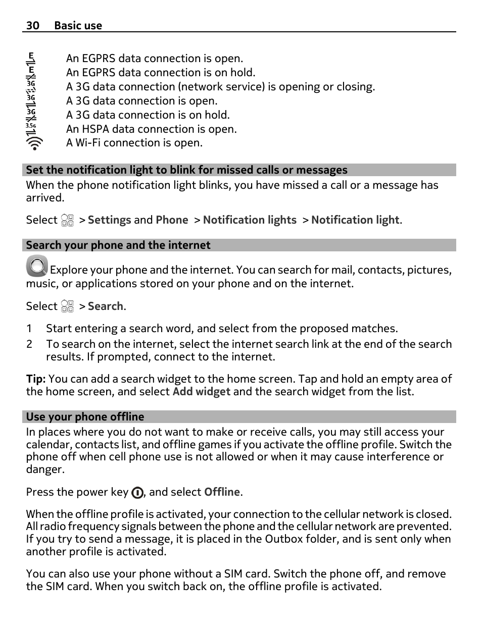 Search your phone and the internet, Use your phone offline, Set the notification light to blink for | Missed calls or messages, Search your phone and the internet 30 | Nokia E7-00 User Manual | Page 30 / 133