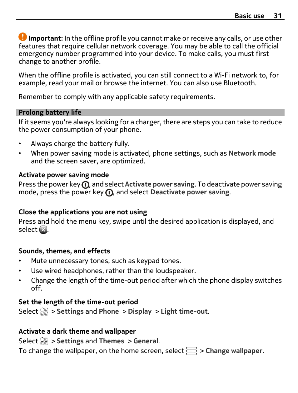 Prolong battery life | Nokia E7-00 User Manual | Page 31 / 133