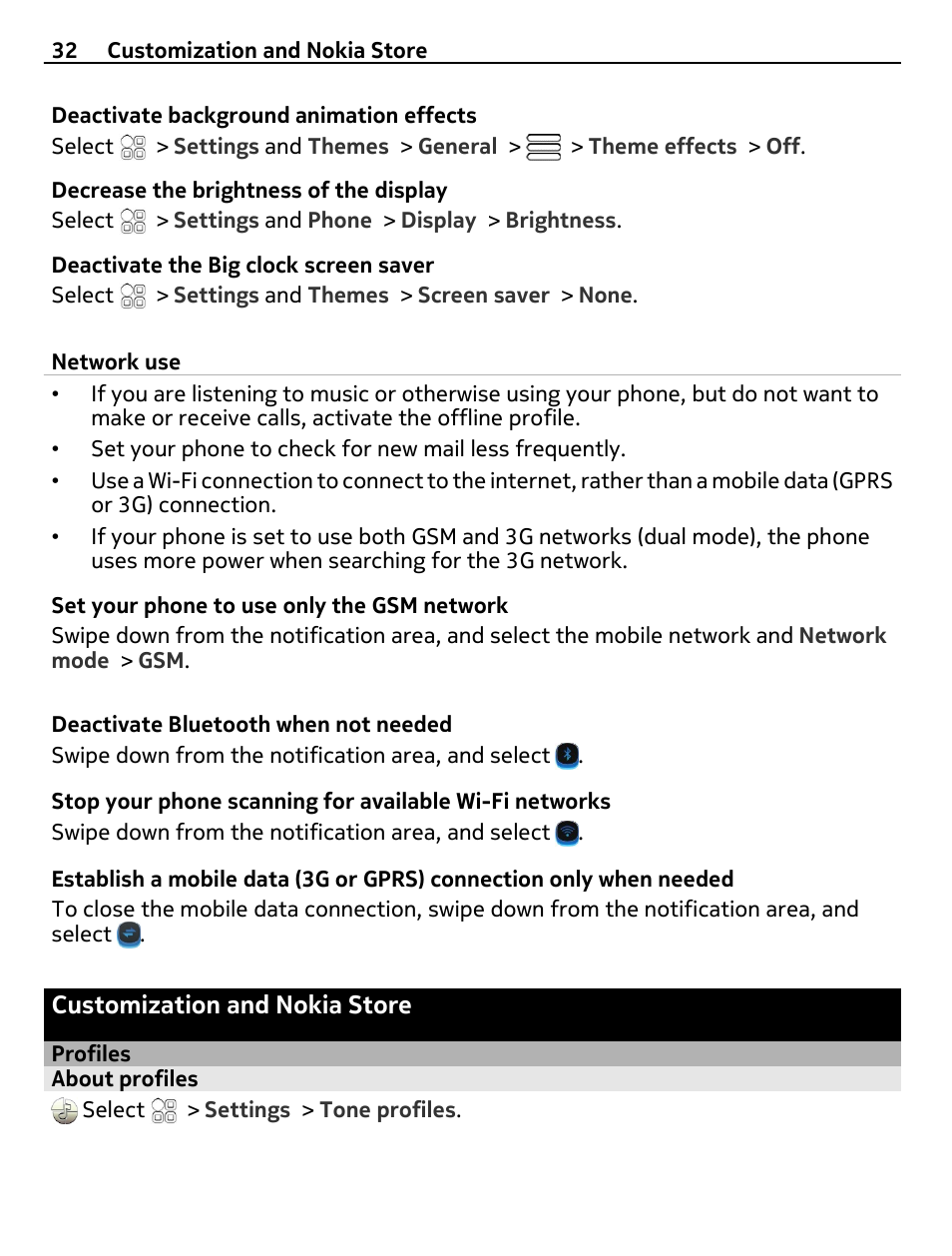 Customization and nokia store, Profiles, About profiles | Nokia E7-00 User Manual | Page 32 / 133