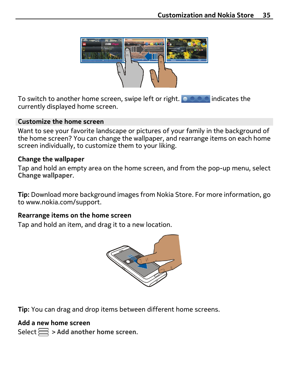 Customize the home screen | Nokia E7-00 User Manual | Page 35 / 133